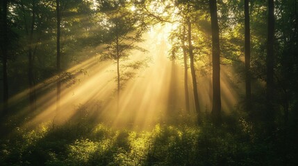 Sunbeams Breaking Through a Misty Forest