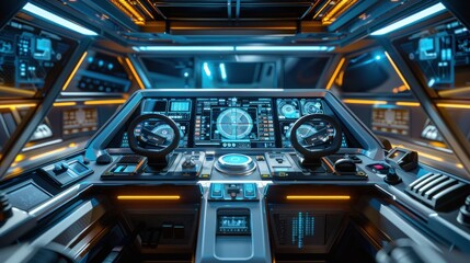 A futuristic boat interior with touchscreen controls, holographic navigation displays, and panoramic windows, illuminated by soft cyan lighting.