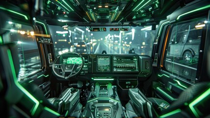 Fototapeta premium A futuristic truck interior with a digital cockpit, voice-activated controls, and smart navigation system, bathed in green ambient lighting.