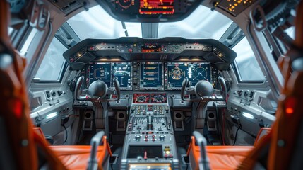 Naklejka premium A futuristic helicopter interior with advanced control panels, augmented reality displays, and ergonomic seating, highlighted by bright white lighting.