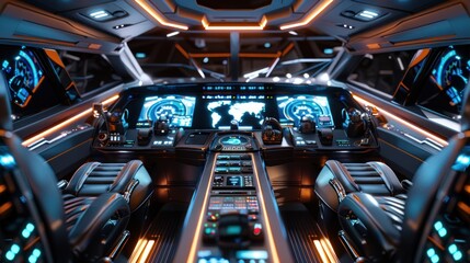 A futuristic boat interior with touchscreen controls, holographic navigation displays, and panoramic windows, illuminated by soft cyan lighting.