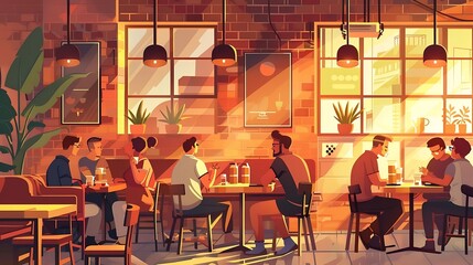 Minimalist restaurant illustration during golden hour