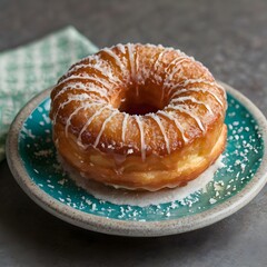 Flaky Cronut with Powdered Sugar and Glaze on Colorful Plate