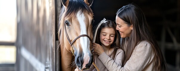 Mother and daughter with a horse, smiling together