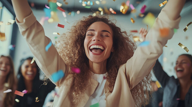 Woman celebrates promotion with colleagues. Concept: Career Milestone, Office Celebration, Professional Success