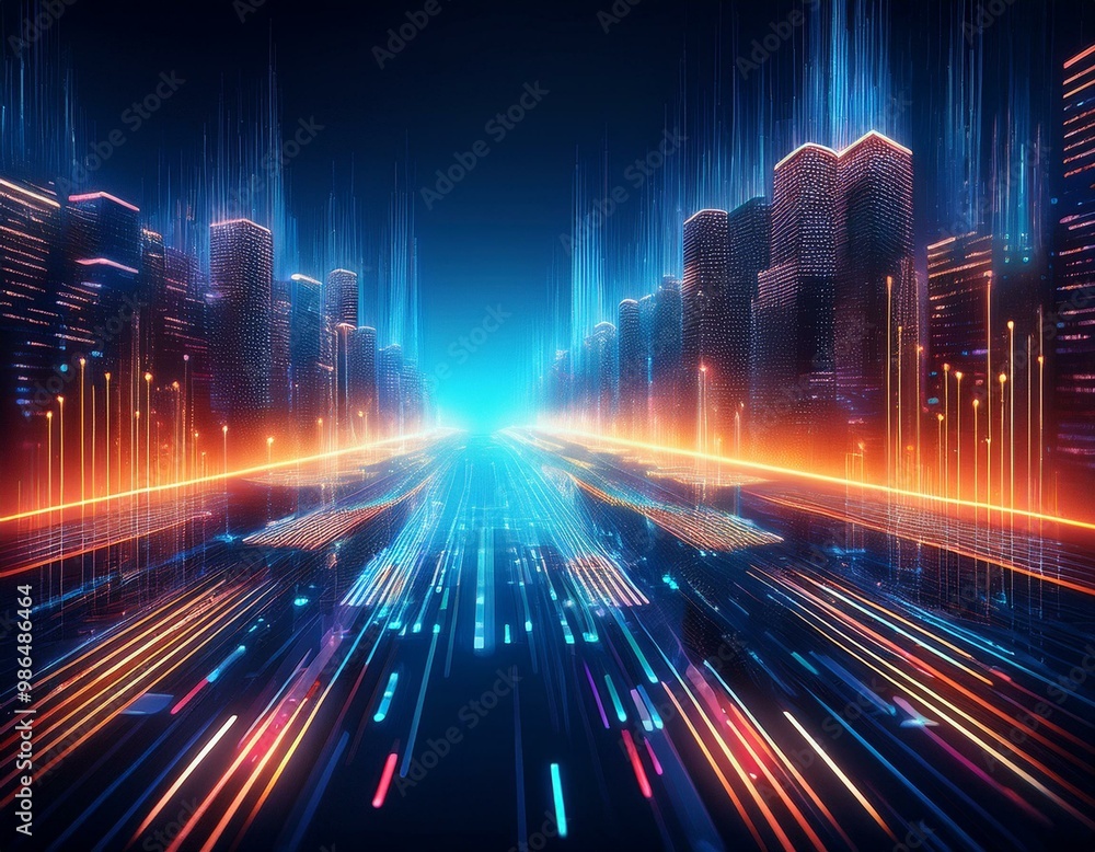 Poster abstract digital city with glowing lines and data flow. futuristic concept.