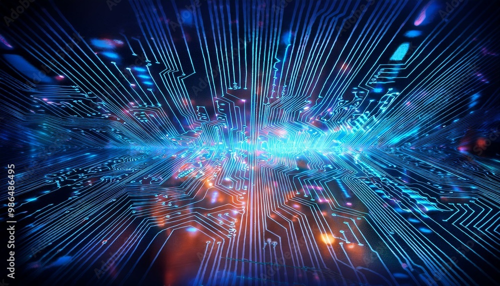 Poster abstract digital circuit board with glowing neon lights, representing data flow and technology.