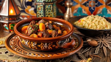 Fototapeta premium Moroccan Beef Stew with Apricots and Couscous
