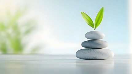 Zen Stones with Green Leaf on Blue Background