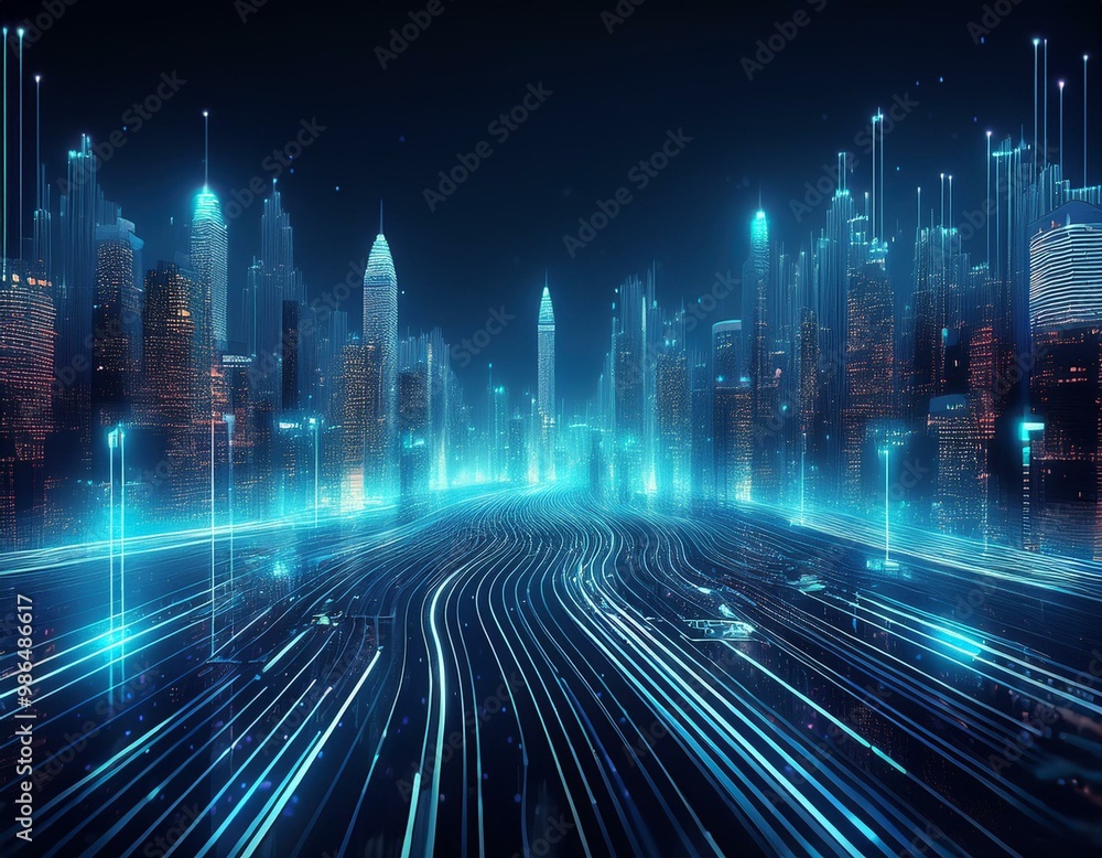 Poster abstract digital city with glowing lines and data flow. futuristic concept.