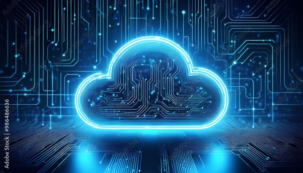 Aufkleber abstract digital cloud computing concept with glowing blue icon and circuit board background.