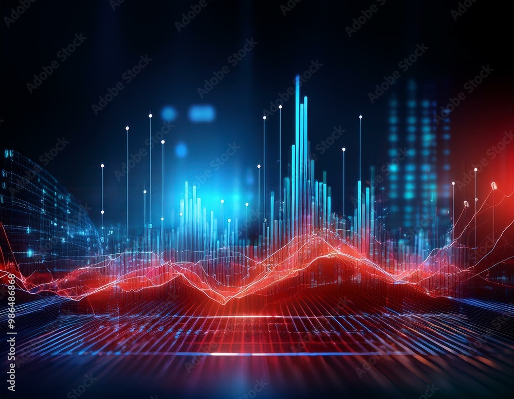 Poster abstract digital data and graphs in a futuristic display. red and blue glowing lights create a dynam