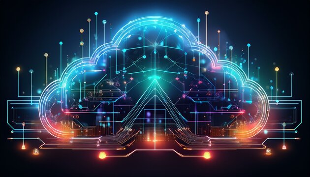 Abstract digital cloud computing network with glowing lines and icons.