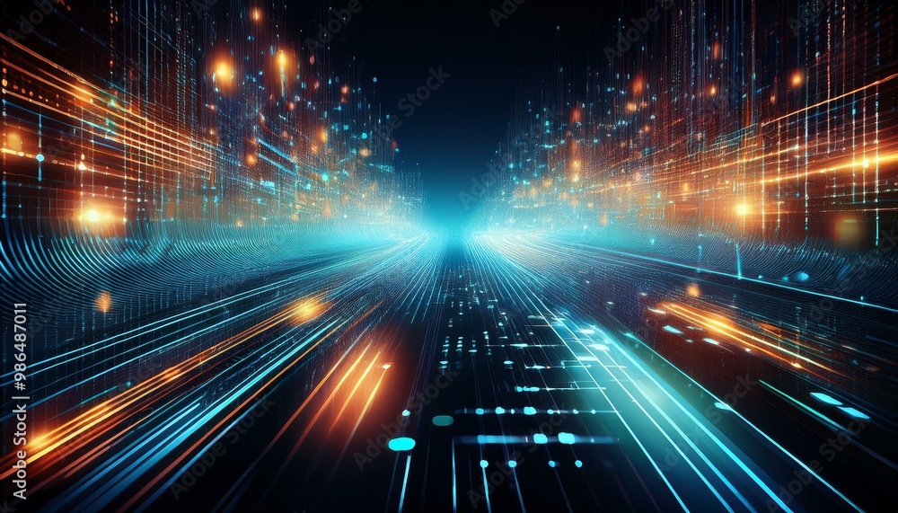 Poster abstract digital data streams and glowing symbols on a dark background, creating a futuristic and te