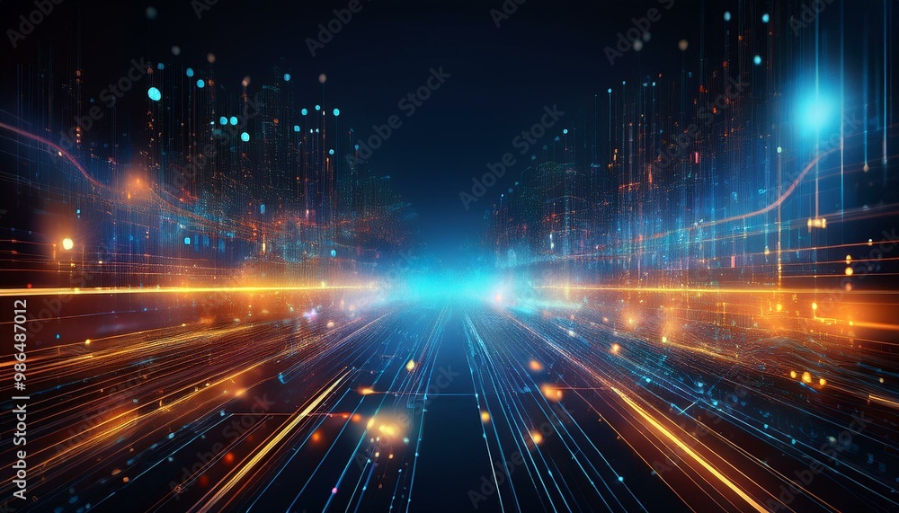 Poster abstract digital data streams and glowing symbols on a dark background, creating a futuristic and te