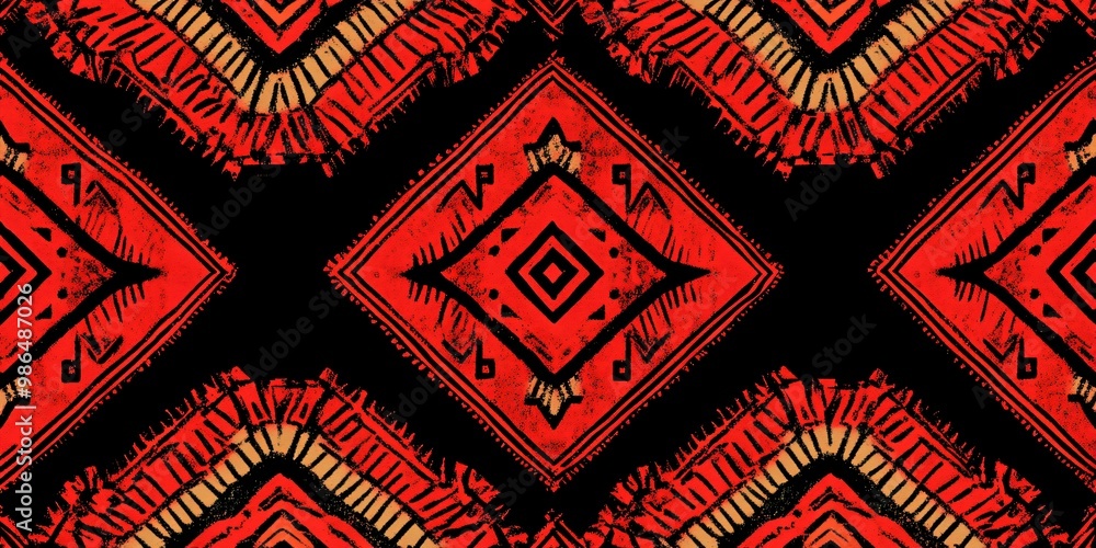 Poster abstract seamless pattern with red and black geometric shapes on a black background.