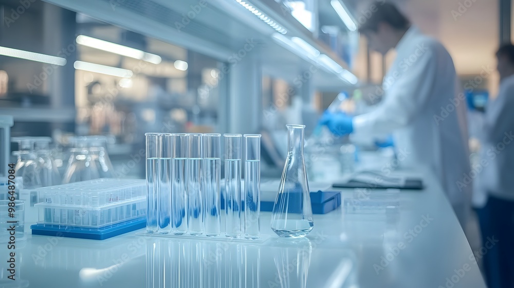 Poster test tubes and beaker on a laboratory table with blurred scientists in the background