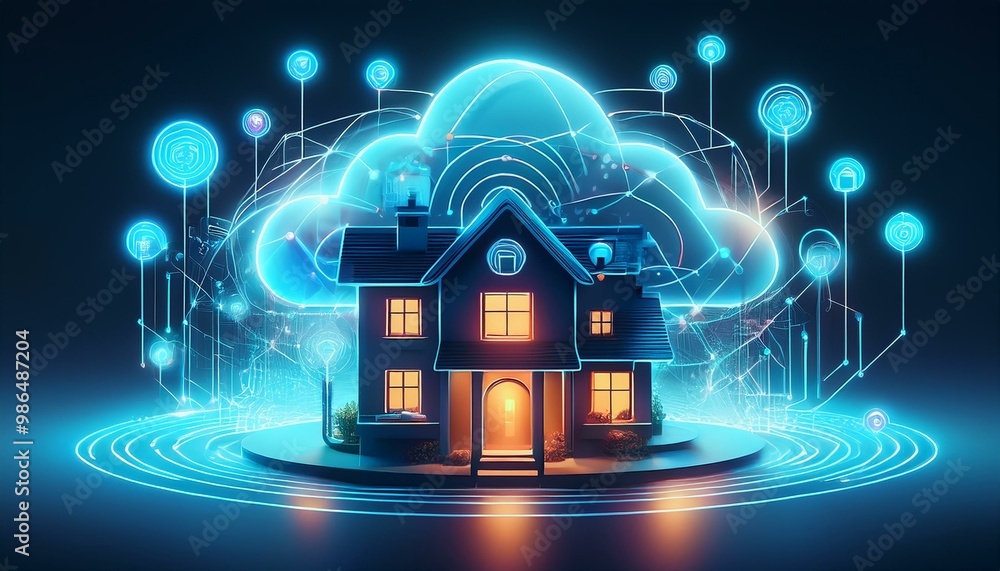 Poster abstract digital illustration of a smart home with cloud computing and internet of things icons. the