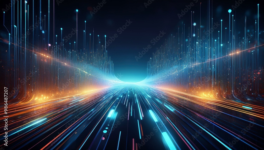 Poster abstract digital data streams and glowing symbols on a dark background, creating a futuristic and te