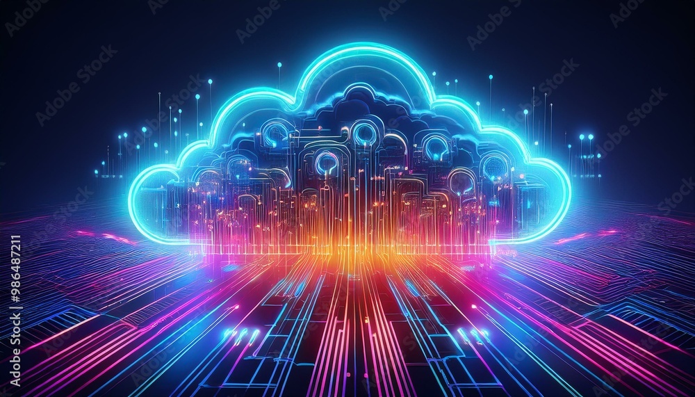 Poster abstract digital illustration of cloud computing with neon lights and data flow.