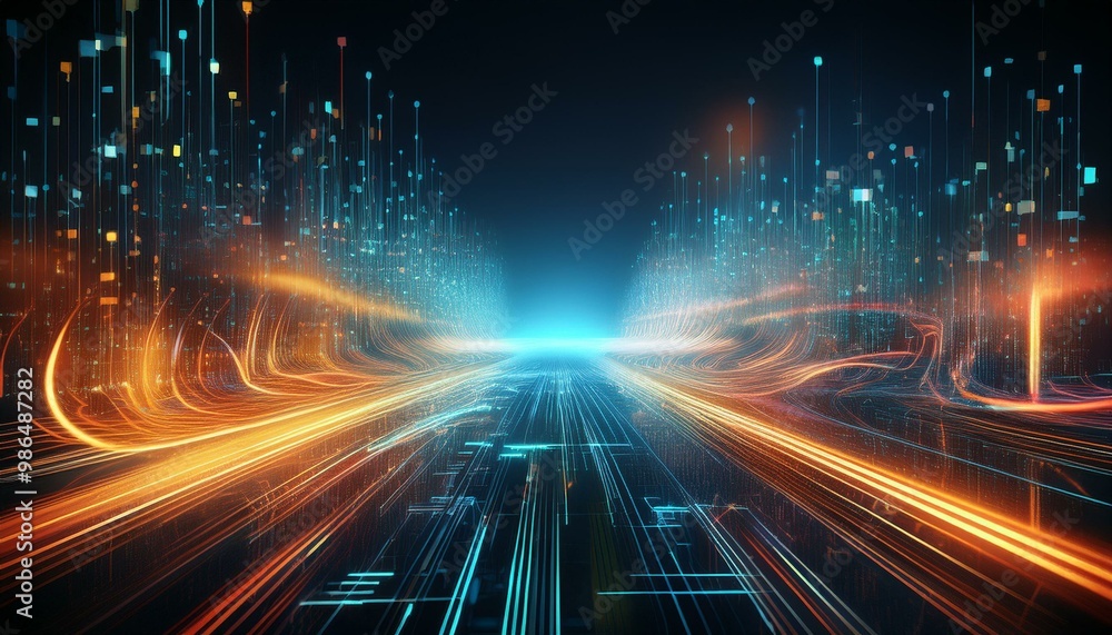 Poster abstract digital data streams and glowing symbols on a dark background, creating a futuristic and te