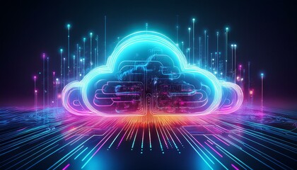Abstract digital illustration of cloud computing with neon lights and data flow.