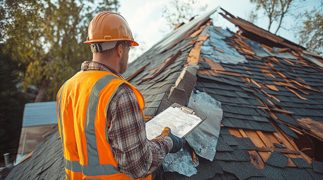 Storm Damage Roof Inspection: Inspecting roof damage from a storm for insurance purposes. Concept: Roof Inspection, Storm Damage, Insurance Claim