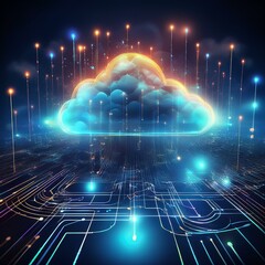 Abstract digital illustration of interconnected cloud computing network with glowing lines.