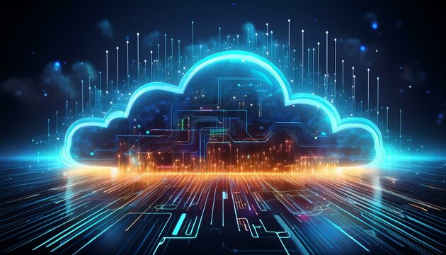 Abstract digital illustration of cloud computing with neon lights and data flow.