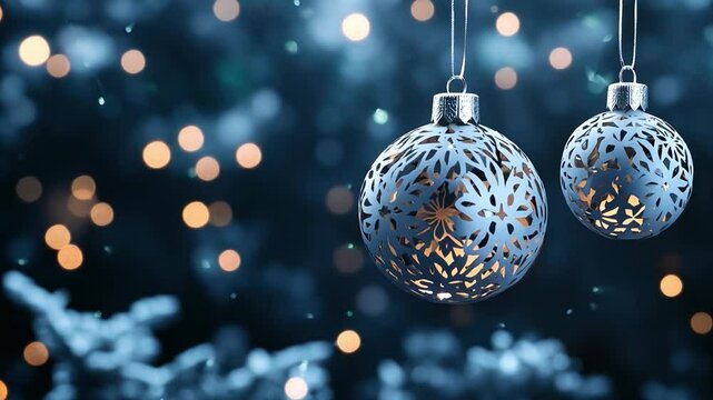 Two intricate silver ornaments dangle delicately, surrounded by a soft blue backdrop and shimmering holiday lights