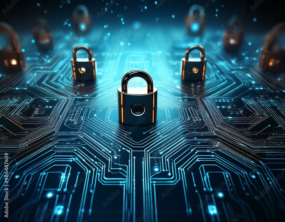 Poster abstract digital illustration of padlocks on a circuit board, representing cybersecurity and data pr