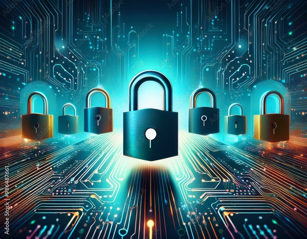 Poster abstract digital illustration of padlocks on a circuit board, representing cybersecurity and data pr