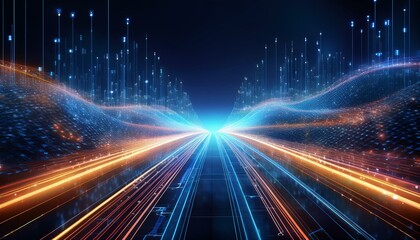 Abstract digital highway with glowing lines and data icons. Futuristic concept for technology, innovation, and connectivity.