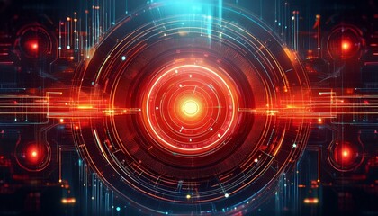 Abstract digital interface with a glowing red circle and data streams.