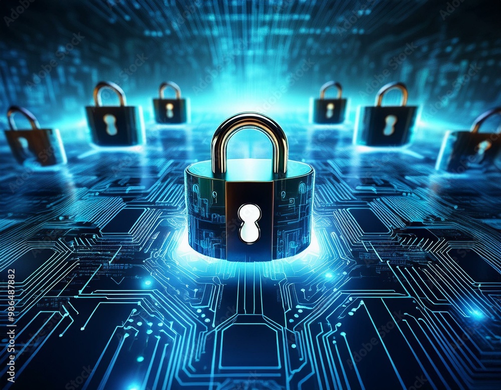 Poster abstract digital illustration of padlocks on a circuit board, representing cybersecurity and data pr