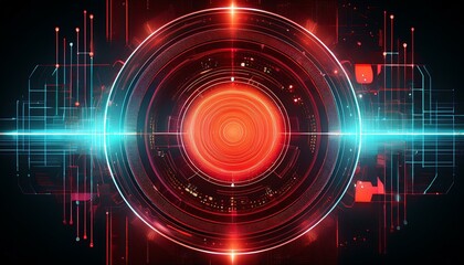 Abstract digital interface with a glowing red circle and data streams.