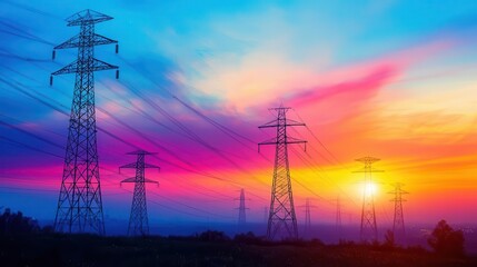 Vibrant sunset over a power line landscape, showcasing colorful clouds and high voltage towers against a dramatic sky.