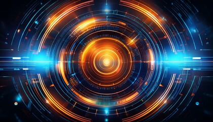 Obraz premium Abstract digital interface with glowing blue and orange lights.