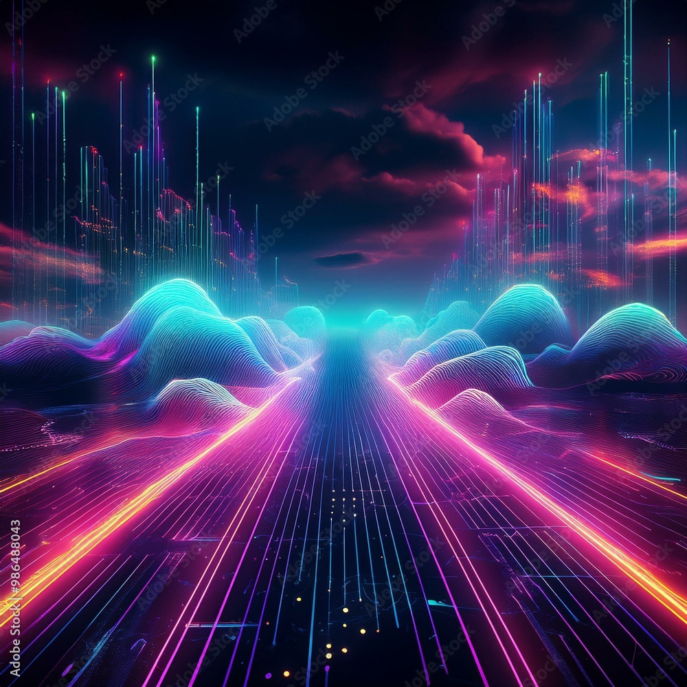 Poster abstract digital landscape with glowing neon clouds and data streams. futuristic technology concept.