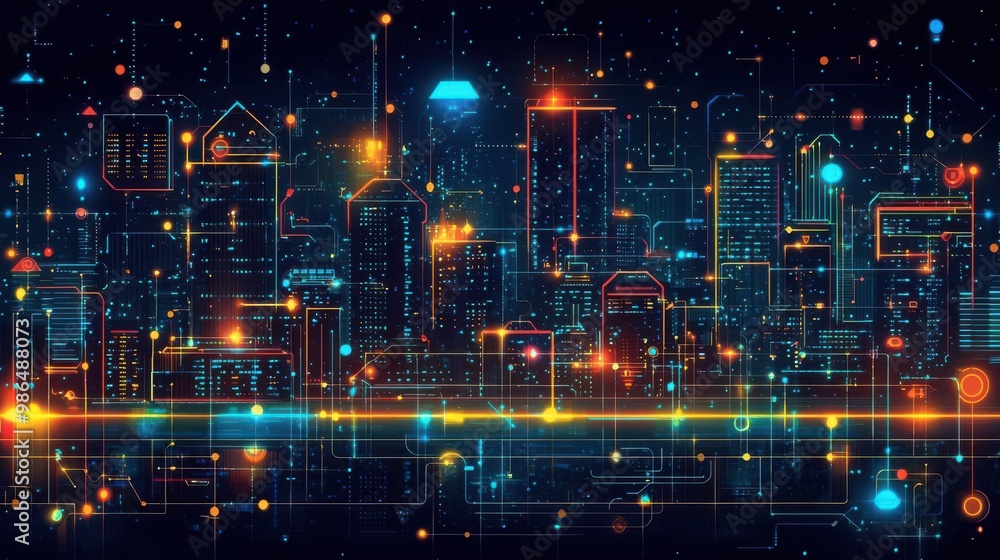 Poster a vibrant digital cityscape depicting a futuristic skyline with glowing lights and interconnected pa