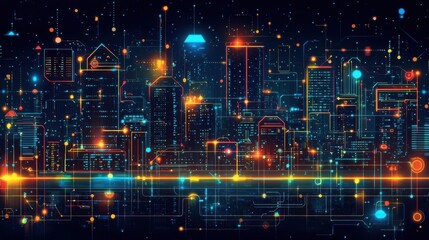 Obraz premium A vibrant digital cityscape depicting a futuristic skyline with glowing lights and interconnected patterns in a dark setting.
