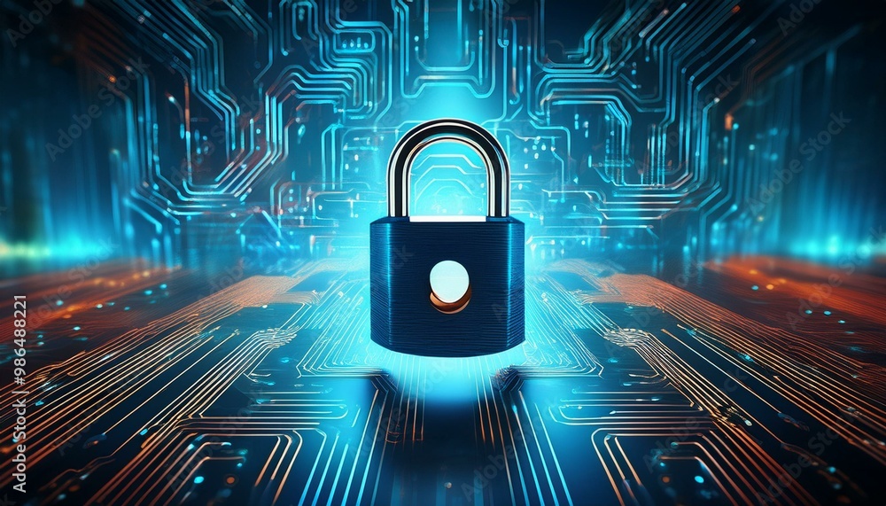 Poster abstract digital lock on glowing circuit board, symbolizing data security and cyber protection.