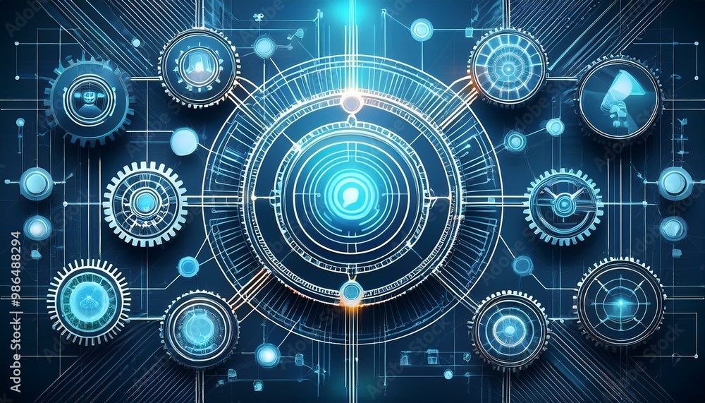 Poster abstract digital network of interconnected gears and icons on a blue background. represents technolo