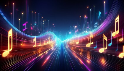 Abstract digital music background with glowing neon musical notes and light trails.