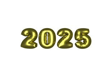 2025 Year Glossy Inflated Balloon Golden Numbers over Transparent Background. 3d Render with Alpha Channel