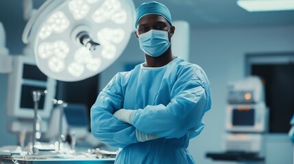 Confident African American Male Surgeon in Operating Room Medical Professionalism, Hospital Environment, Healthcare Imagery