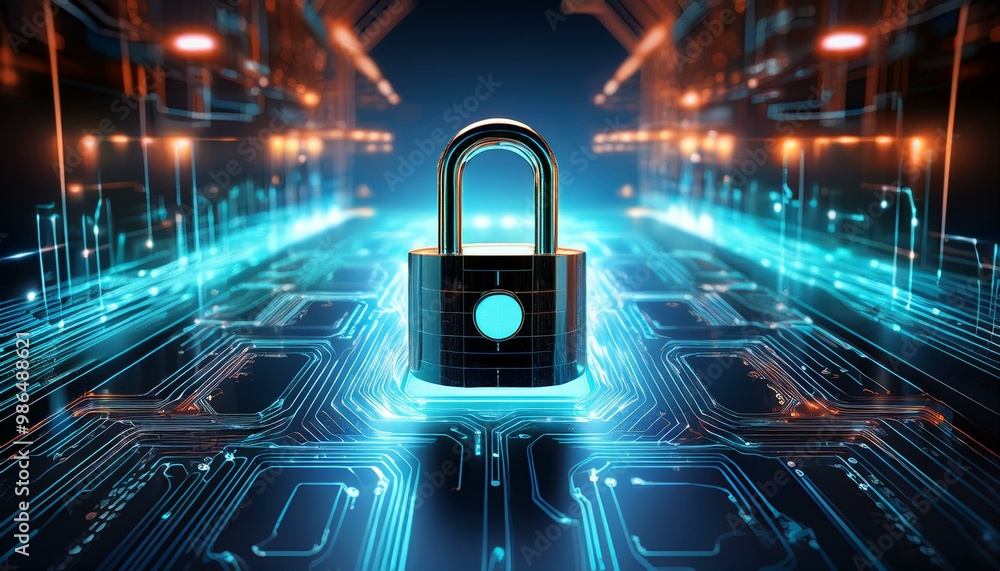 Poster abstract digital lock on glowing circuit board, symbolizing data security and cyber protection.