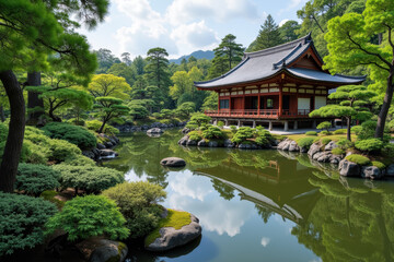 伝統的な建物のある日本庭園