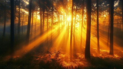 Fototapeta premium Golden Sunlight Streaming Through a Foggy Forest