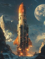 Fototapeta premium A futuristic rocket ship is engulfed in flames, crash-landing on a snowy planet with a distant moon.